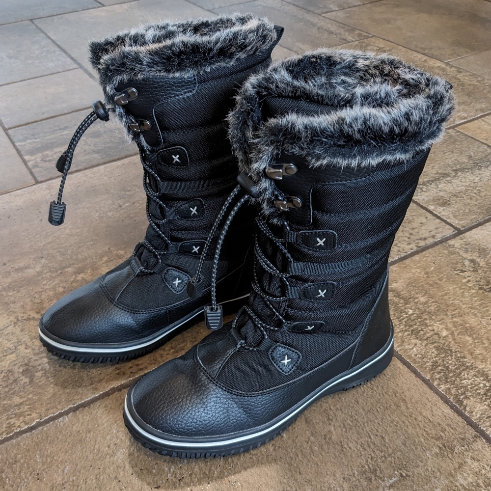 Tiestra Pull On Faux Fur Trim Warm Classic Comfy Winter Boots Size 6 Black